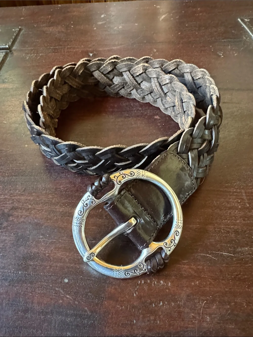 Braided Leather Women’s Belt in Dark Brown with Decorative Silver Buckle